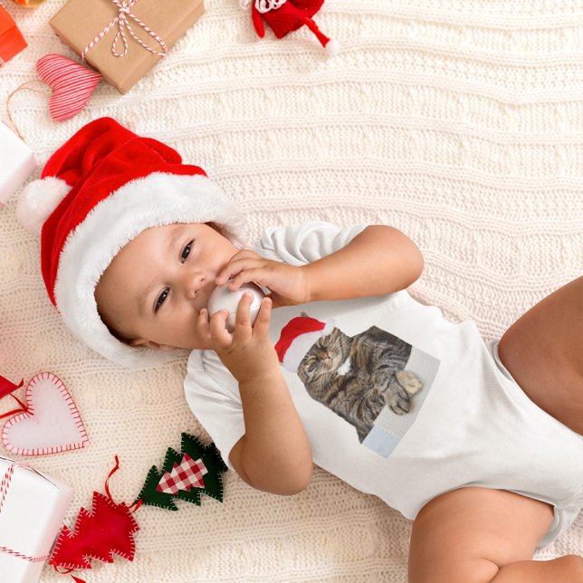 Christmas Cat Humbug Foto mit Weihnachtsmannmütze Baby Strampler (Christmas Cat Humbug Photo with Santa Hat Baby Bodysuit)