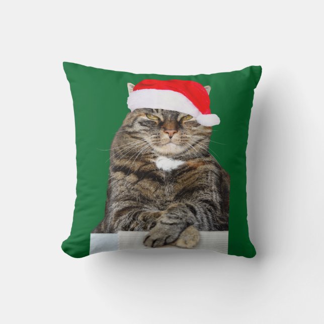 Christmas Cat Humbug Foto mit Weihnachtsmannmütze Kissen (Vorderseite)