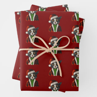 Christmas Cat in Santa Claus Coat Sweater Hat Geschenkpapier Set