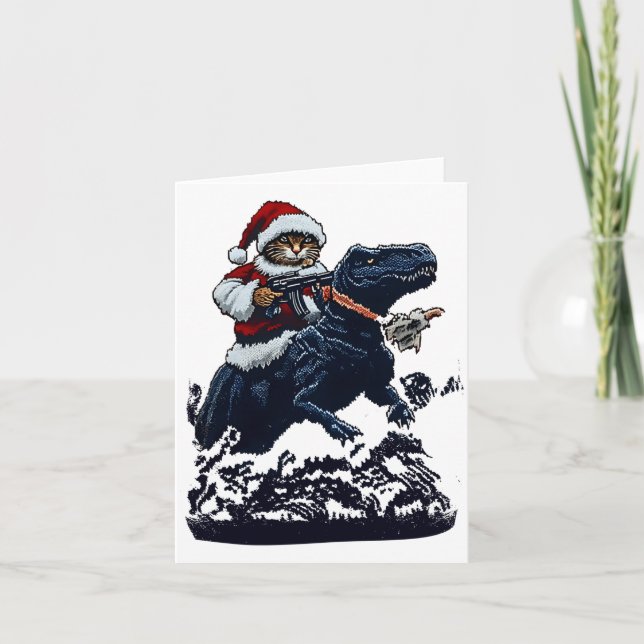Christmas Cat In Santa Hat Holding A Gun And Dinos Karte (Vorderseite)
