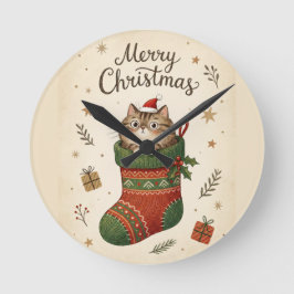 Christmas Cat in Stocking Runde Wanduhr
