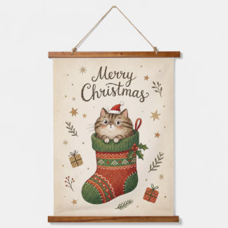 Christmas Cat in Stocking Wandteppich Mit Holzrahmen
