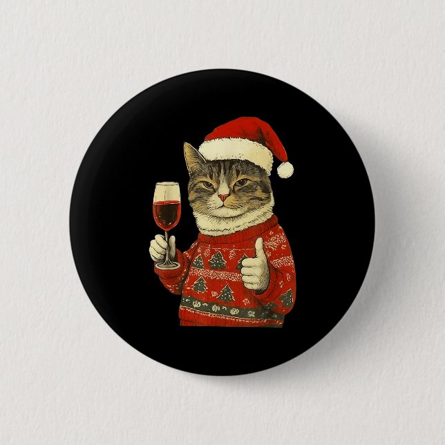 Christmas Cat Likes Cute Cat Drinking Wine With Sa Button (Vorderseite)