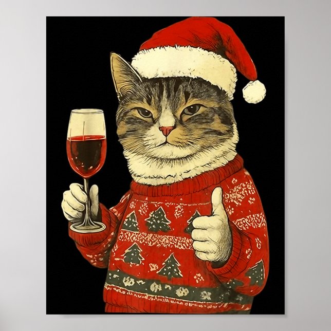 Christmas Cat Likes Cute Cat Drinking Wine With Sa Poster (Vorne)