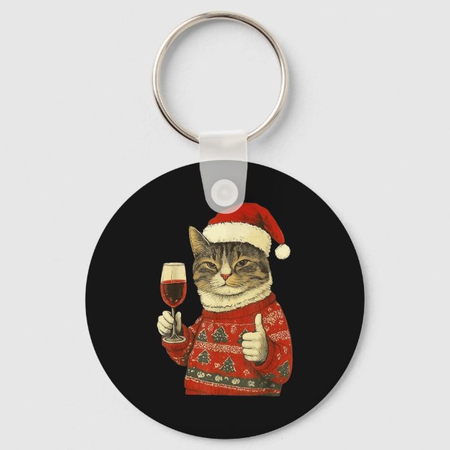 Christmas Cat Likes Cute Cat Drinking Wine With Sa Schlüsselanhänger (Vorderseite)