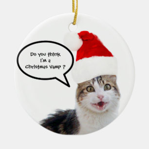 CHRISTMAS CAT MIT SANTA CLAUS HAT KERAMIK ORNAMENT