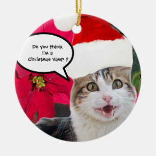 CHRISTMAS CAT MIT SANTA CLAUS HAT UND POINSETTIAS KERAMIK ORNAMENT