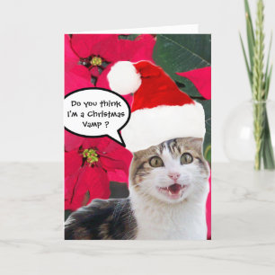 CHRISTMAS CAT MIT SANTA CLAUS HAT UND POINSETTIS FEIERTAGSKARTE