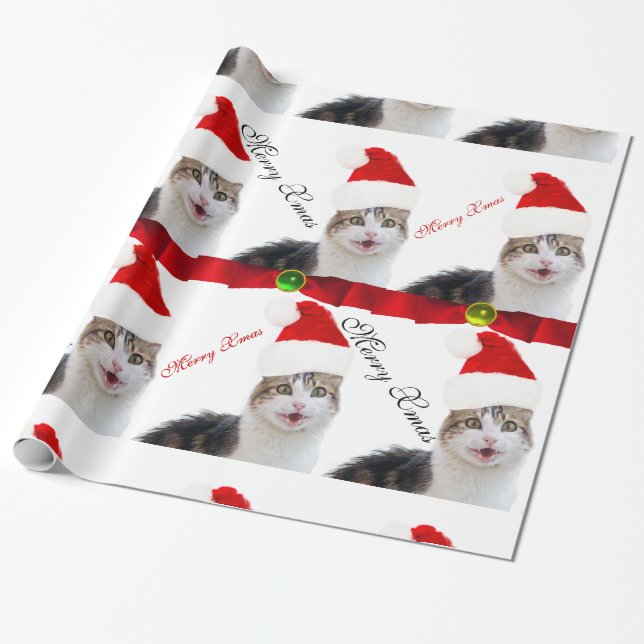 CHRISTMAS CAT MIT SANTA CLAUS HAT UND RED RIBBONS GESCHENKPAPIER (Ungerollt)