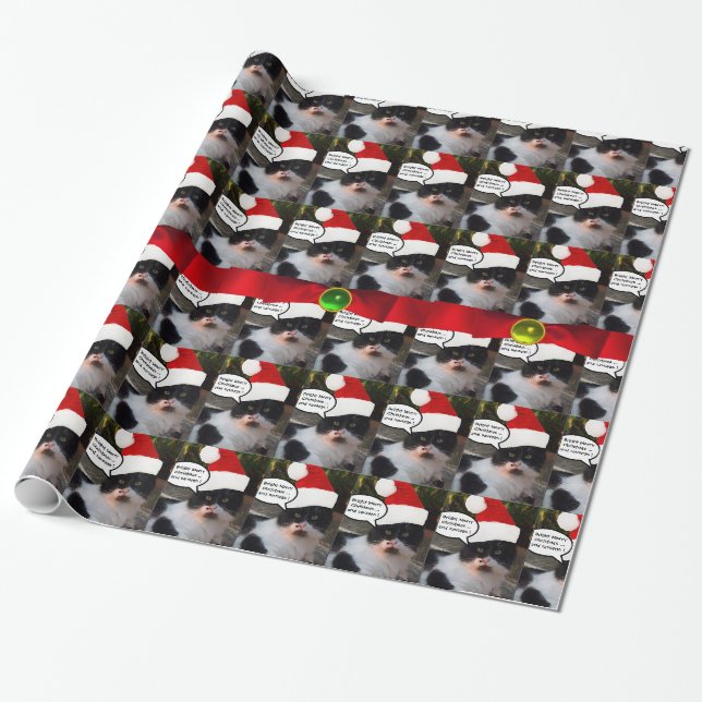 CHRISTMAS CAT MIT SANTA CLAUS HAT UND RED RIBBONS GESCHENKPAPIER (Ungerollt)