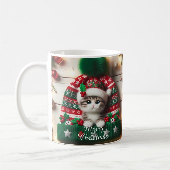 Christmas Cat Mug – Cute Kitty with Santa Hat (Gauche)