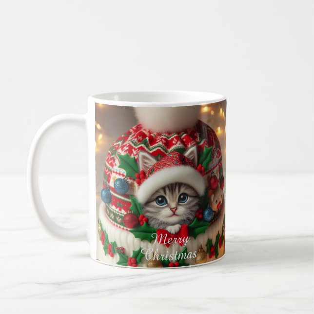 Christmas Cat Mug – Cute Kitty with Santa Hat (Gauche)