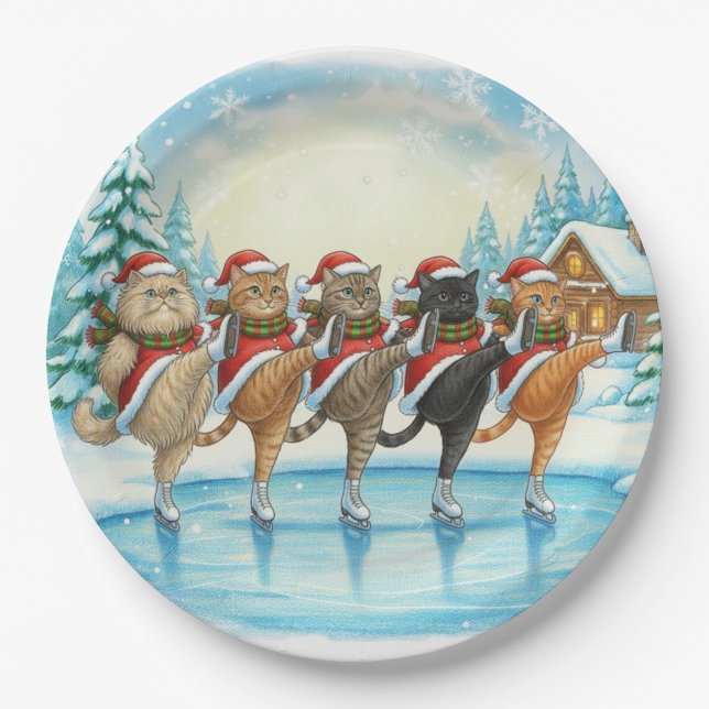 Christmas Cat Skaters, Paper Plate Pappteller (Vorderseite)