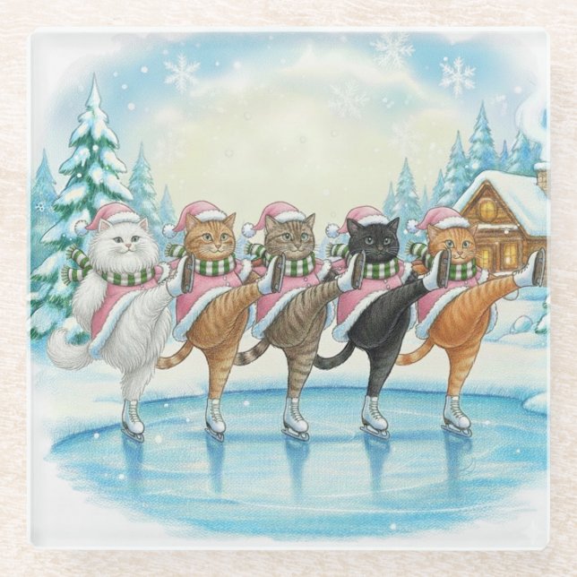 Christmas Cat Skaters Pink, Glass Coaster Glasuntersetzer (Vorderseite)