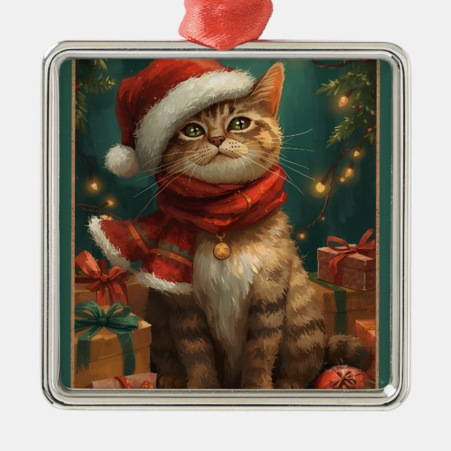 Christmas Cat Square Metal Ornament (Vorne)