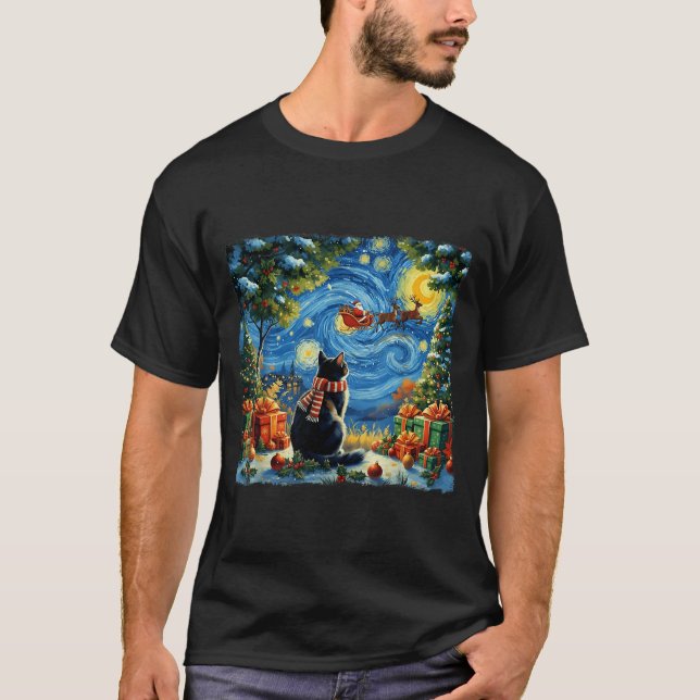 Christmas Cat Starry Night Holiday Van Gogh Xmas S T-Shirt (Vorderseite)