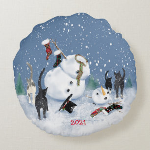 Christmas Cats and Snowman 2 sided Round pillow Rundes Kissen