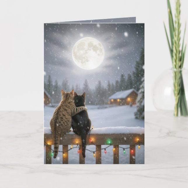 Christmas Cats Cuddling On a Snowy Fence Karte (Vorderseite)