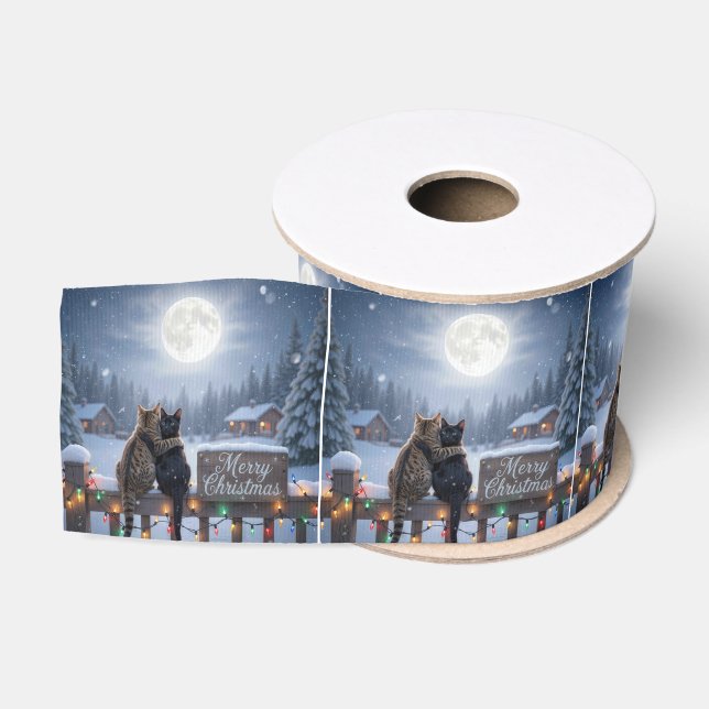Christmas Cats Embracing On a Snowy Fence Ripsband (Spule)