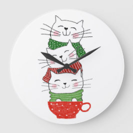 Christmas Cats Stacked Cup Scarves Funny Cute Große Wanduhr