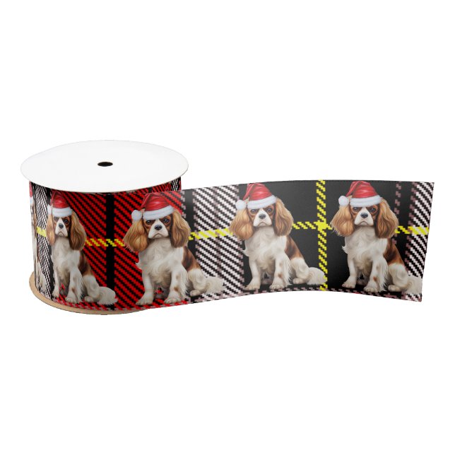 Christmas Cavalier Spaniel Rot und Grün Kariert Satinband (Spule)