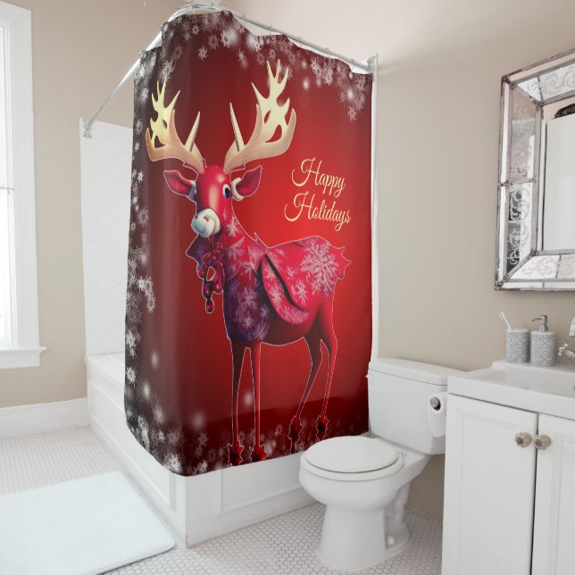 Christmas Celebration Red Reindeer Winter Holidays Duschvorhang (Beispiel)