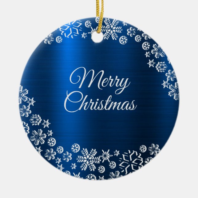 Christmas Celebration White Snowflakes Navy Blue Keramik Ornament (Vorne)