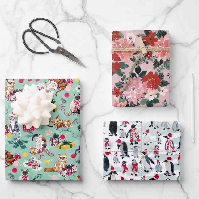 CHRISTMAS CHAOS BUNDLE CATS, PENGUINS, POINSETTIA GESCHENKPAPIER SET (Vorderseite)