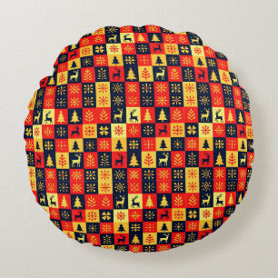 Christmas Checkerboard Pattern - Red & Yellow Tree Rundes Kissen
