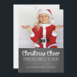Christmas Cheer Holiday Foto von Chalkboard Letter Feiertagskarte<br><div class="desc">Christmas cheer cards black and white chalkboard lettering Holiday foto cards, with festive red and white stripes background (back) and handwritten capital letters. Chalkboard holiday foto card, by red_dress, featuring one foto, a dotted line divider and the white text "Christmas cheer from our family to yours", against a black chalk...</div>