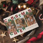 Christmas Cheer | Photo Christmas  Feiertagskarte<br><div class="desc">Welcome the festive holiday of Christmas with a heartfelt card! Featuring a playful font in shades of pink and green that reads “Christmas Cheer”, this card will bring joy to your friends and family. Personalize it with your name and the year, plus add 3 of your favorite photos – and...</div>