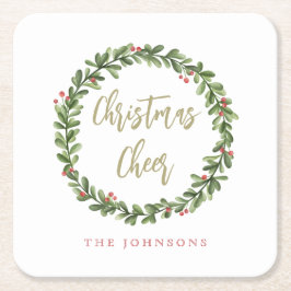 Christmas Cheer Wreath Gold Script Personalized Rechteckiger Pappuntersetzer