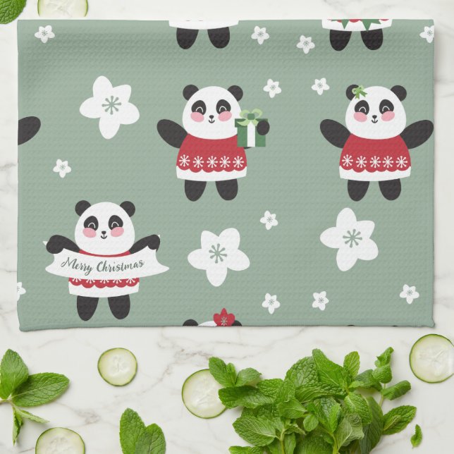 Christmas Cherry Blossom Panda Geschirrtuch (Gefaltet)