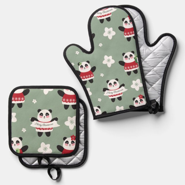 Christmas Cherry Blossom Panda Ofenhandschuh & Topflappen-Set (Vorderseite/Rückseite)