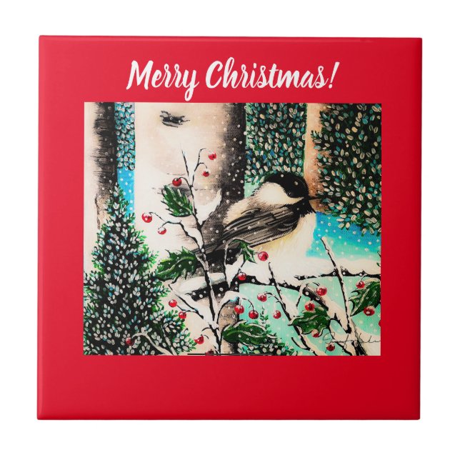 Christmas Chickadee Chatter Red Tile Fliese (Vorderseite)