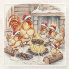 Christmas Chickens Roasting Chestnuts, Coaster Glasuntersetzer