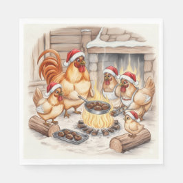 Christmas Chickens Roasting Chestnuts, Napkins Serviette
