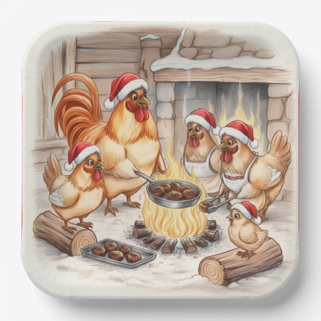 Christmas Chickens Roasting Chestnuts, Plates Pappteller (Vorderseite)