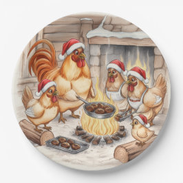 Christmas Chickens Roasting Chestnuts, Plates Pappteller
