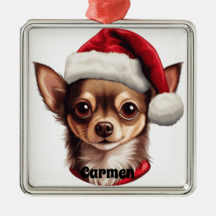 CHRISTMAS CHIHUAHUA HUND MIT WEIHNACHTSMANNMÜTZE ORNAMENT AUS METALL