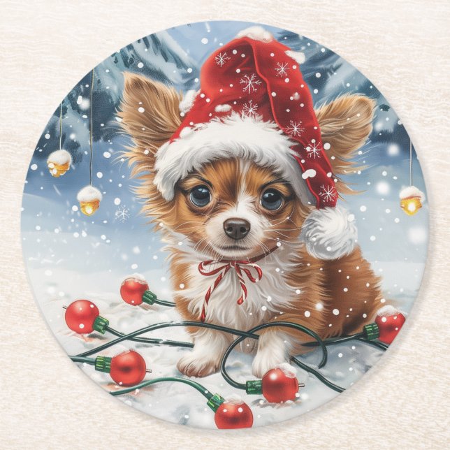 Christmas Chihuahua Santa Dog Runder Pappuntersetzer (Vorderseite)