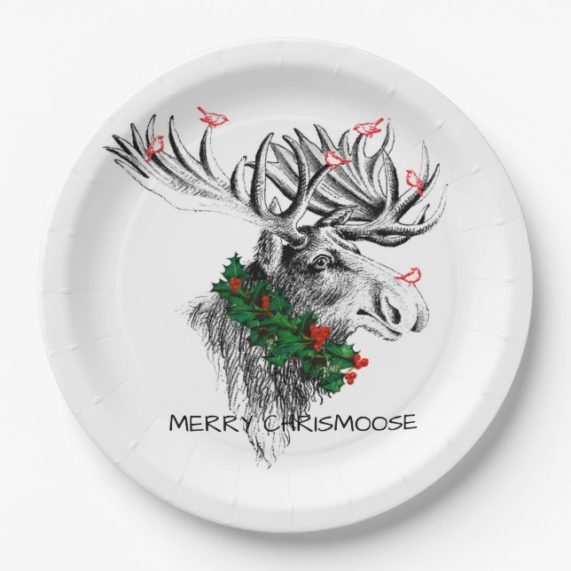 Christmas Chrismoose Moose Birds Holly Paper Plate Pappteller (Vorderseite)
