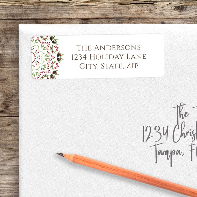 Christmas Classic Holly Berries Greenery Mandala (Christmas greenery, foliage, and berries mandala pattern return address label. )