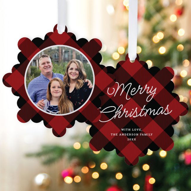 Christmas Classic Red Buffalo Plaid Photo Holiday  Ornament Karte (Von Creator hochgeladen)