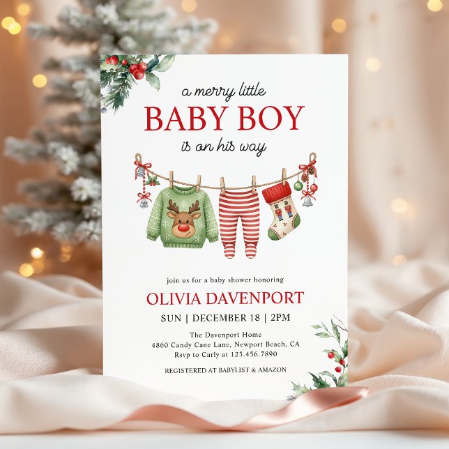 Christmas Clothesline Merry Little Boy Baby Shower Einladung (Von Creator hochgeladen)