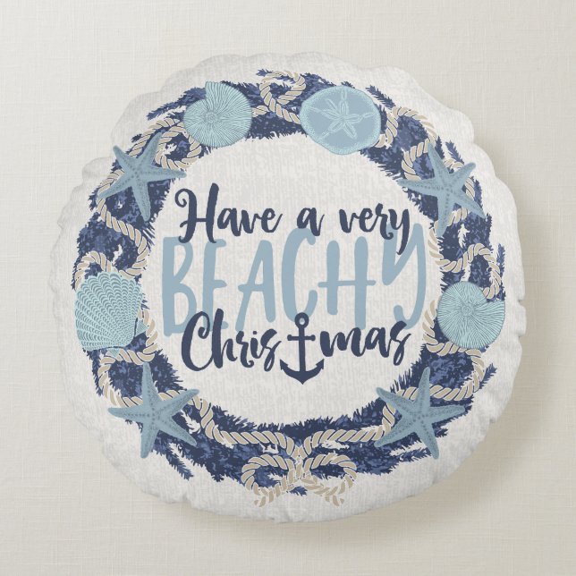 Christmas Coastal Tropical Sea Shell Wreath -Blue Rundes Kissen (Vorderseite)