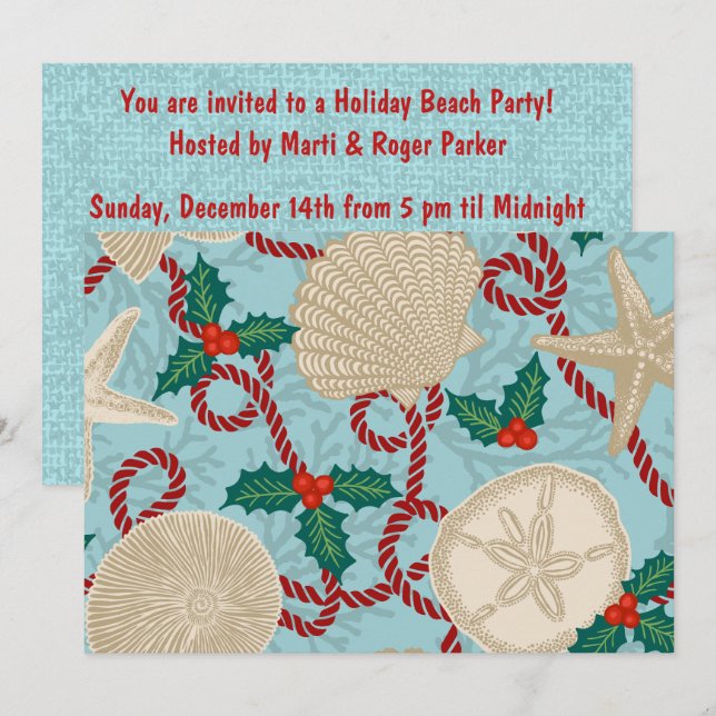 Christmas Coastal Tropical Sea Shells - Aqua & Red Einladung (Vorne/Hinten)