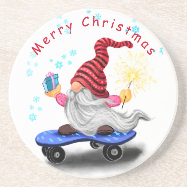 Christmas Coaster Gift Skater Gnome with Gifts Getränkeuntersetzer (Vorne)