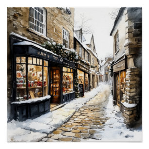 Christmas Cobblestone Street Poster