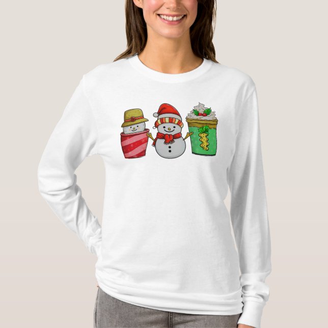 Christmas Coffee Cups Snowman Long Sleeve T-Shirt (Vorderseite)